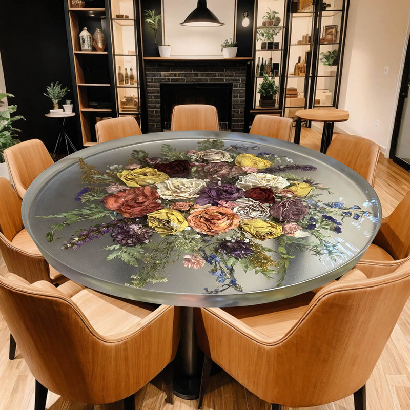 Clear Round Epoxy Resin Dining Table with Real Rose Bouquet Inlay  Artistic Floral Centerpiece