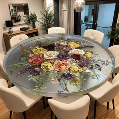 Clear Round Epoxy Resin Dining Table with Real Rose Bouquet Inlay  Artistic Floral Centerpiece