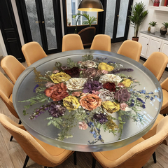 Clear Round Epoxy Resin Dining Table with Real Rose Bouquet Inlay  Artistic Floral Centerpiece