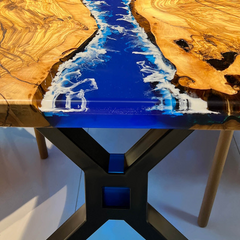 Custom Olive Wood & Ocean Blue Epoxy River Table Coastal-Inspired Live Edge Dining Art