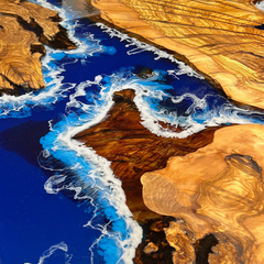 Custom Olive Wood & Ocean Blue Epoxy River Table Coastal-Inspired Live Edge Dining Art