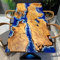 Custom Olive Wood & Ocean Blue Epoxy River Table Coastal-Inspired Live Edge Dining Art