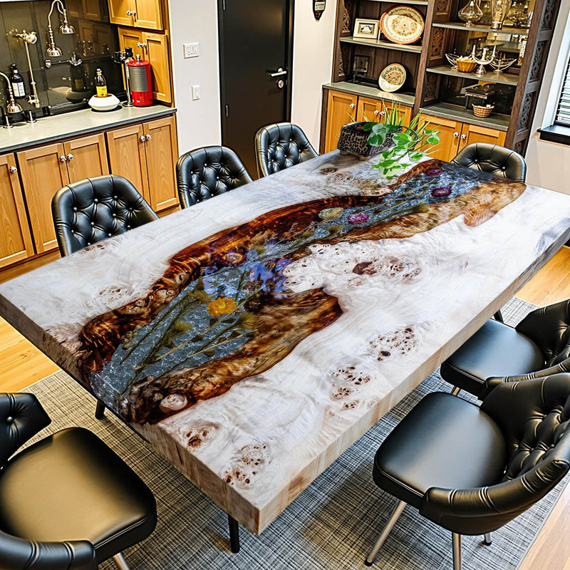 Luxury Custom Poplar Burl & Epoxy Resin Dining Table – Floral Inlay Design