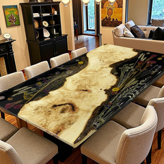Luxury Floral Inlay Live Edge Poplar Epoxy Resin Dining Table Nature-Inspired Artistry for Elegant Interiors