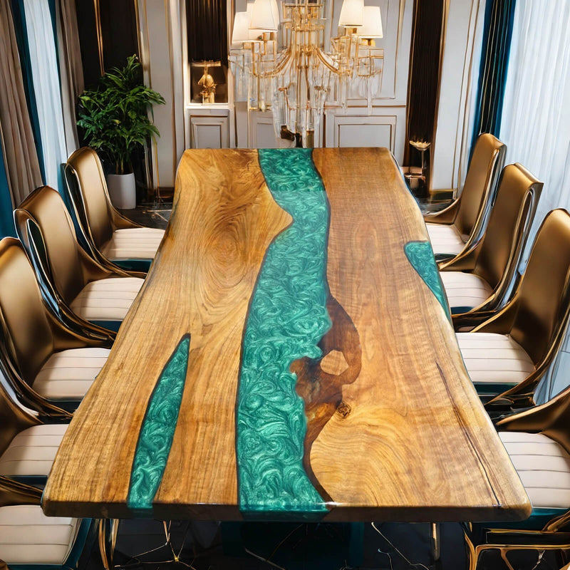 Elegant Green Epoxy River Dining Table Custom Live Edge Walnut Statement Piece
