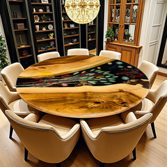 Round Live Edge Walnut & Epoxy Resin Table with Colorful Botanical Inlay – 8-Seater Centerpiece
