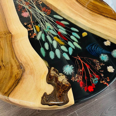 Round Live Edge Walnut & Epoxy Resin Table with Colorful Botanical Inlay – 8-Seater Centerpiece