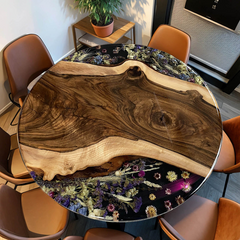 Round Live Edge Walnut & Epoxy Resin Dining Table with Botanical Inlay Handcrafted Statement Piece