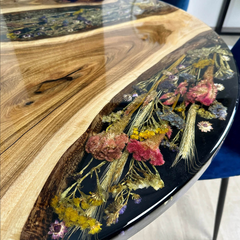 Custom Walnut & Epoxy Resin Round Dining Table with Embedded Dried Flowers