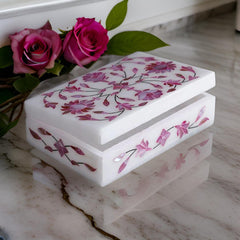 Handmade White Marble Jewelry Box with Pink Floral Inlay – Elegant Decorative Keepsak