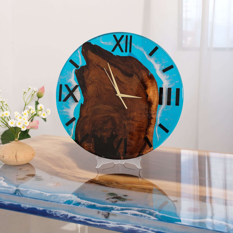 Ocean Blue Epoxy & Walnut Wood Wall Clock with Roman Numerals  Handcrafted Elegance