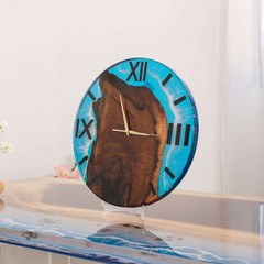 Ocean Blue Epoxy & Walnut Wood Wall Clock with Roman Numerals  Handcrafted Elegance