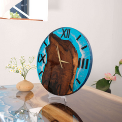 Ocean Blue Epoxy & Walnut Wood Wall Clock with Roman Numerals  Handcrafted Elegance