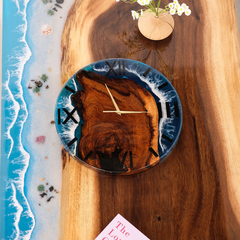 Ocean Blue Epoxy & Walnut Wood Wall Clock with Roman Numerals  Handcrafted Elegance