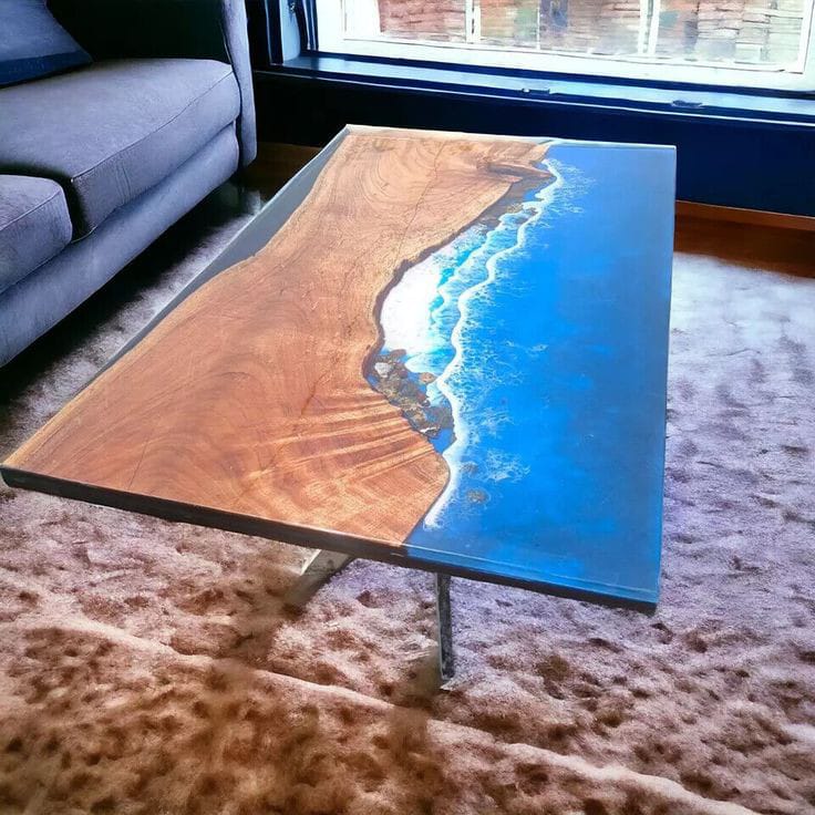 Handcrafted Wood and Resin Table with Ocean View