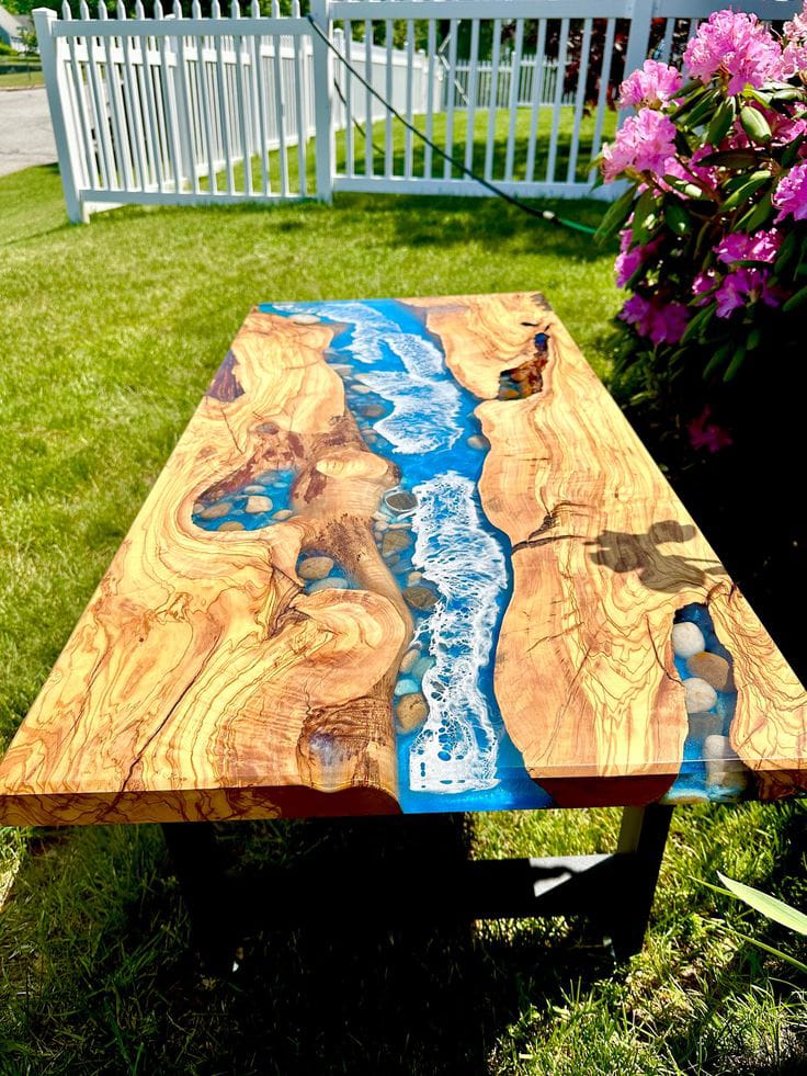 Modern Epoxy Resin Table with River Waves, Handmade Home Decor Accent Piece