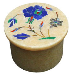 Natural Beige Pink Marble Trinket Box with Marquetry Art Inlay – Handmade in USA