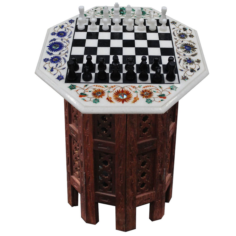 Marble Inlay Chess Board Wooden Furniture Table Tops