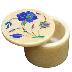 Natural Beige Pink Marble Trinket Box with Marquetry Art Inlay – Handmade in USA