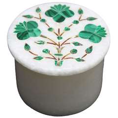 Handmade Malachite Floral Design Inlay White Marble Ring Box