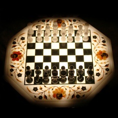 Handcrafted Oct-Angle White Marble Inlay Chess Board With Wooden Base Stand