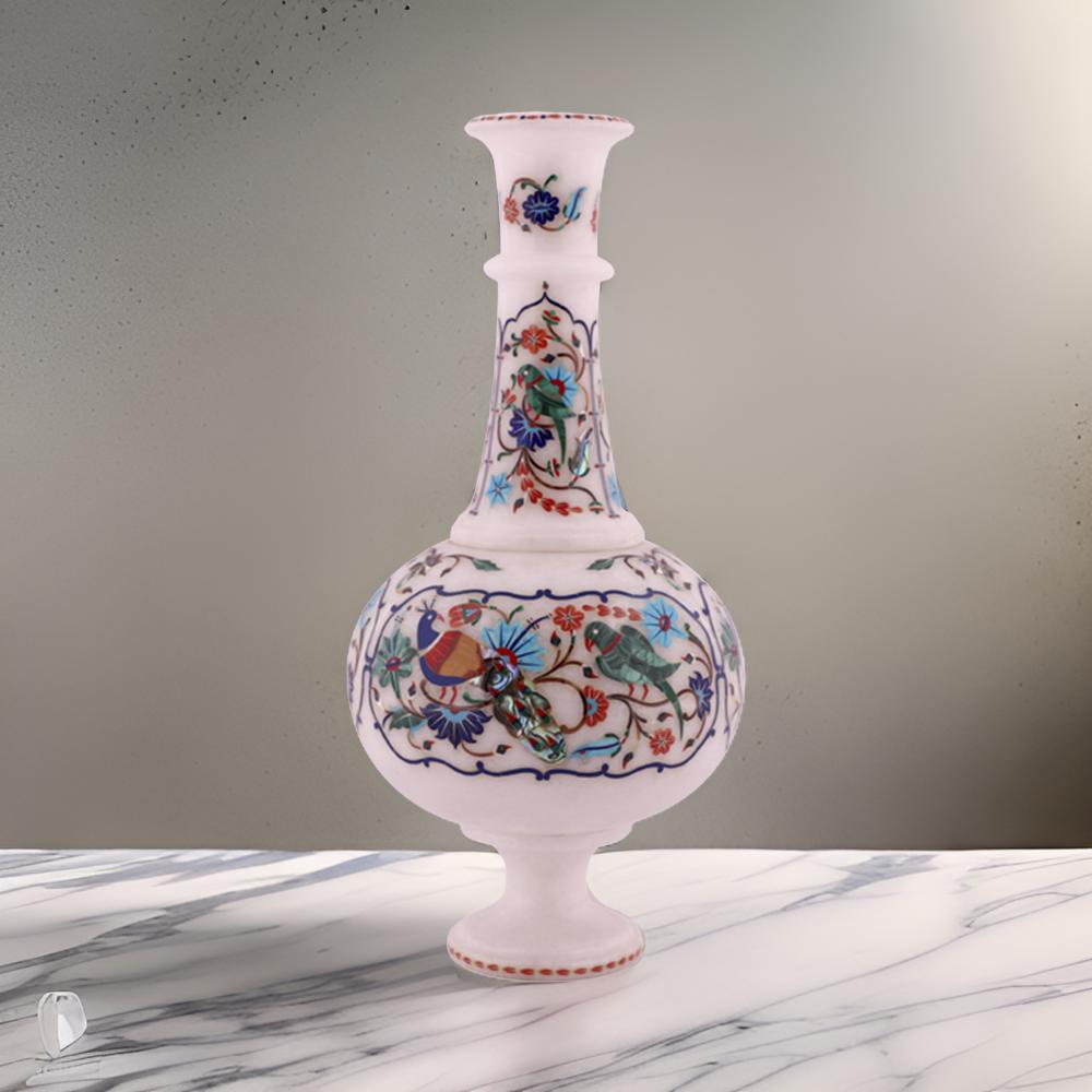 Handcrafted White Marble Inlay Vase – Floral & Peacock Design | USA Sale
