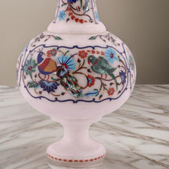Handcrafted White Marble Inlay Vase – Floral & Peacock Design | USA Sale