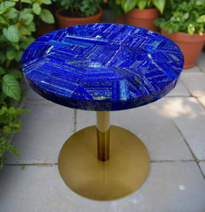 Handmade Round Lapis Lazuli Gemstone Table with Elegant Gold Base