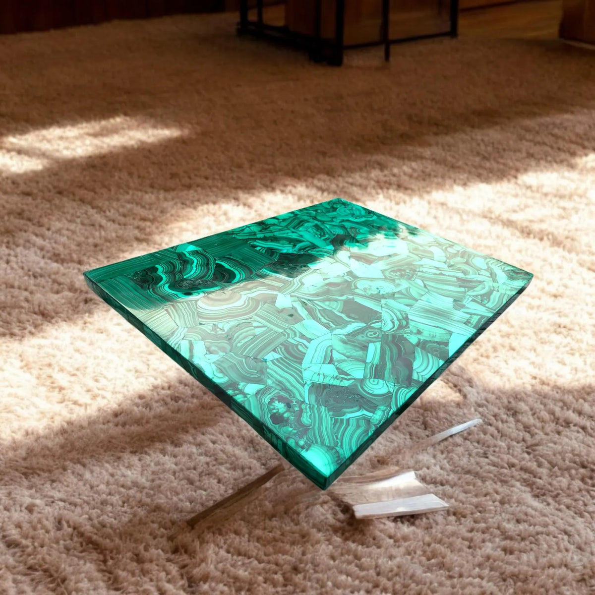 Modern Square Malachite Resin Side Table with Sculptural Metal Base – Elegant Accent Piece