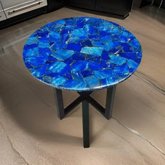 Handcrafted Round Blue Lapis Gemstone Table – Polished Stone Inlay with Modern Metal Base