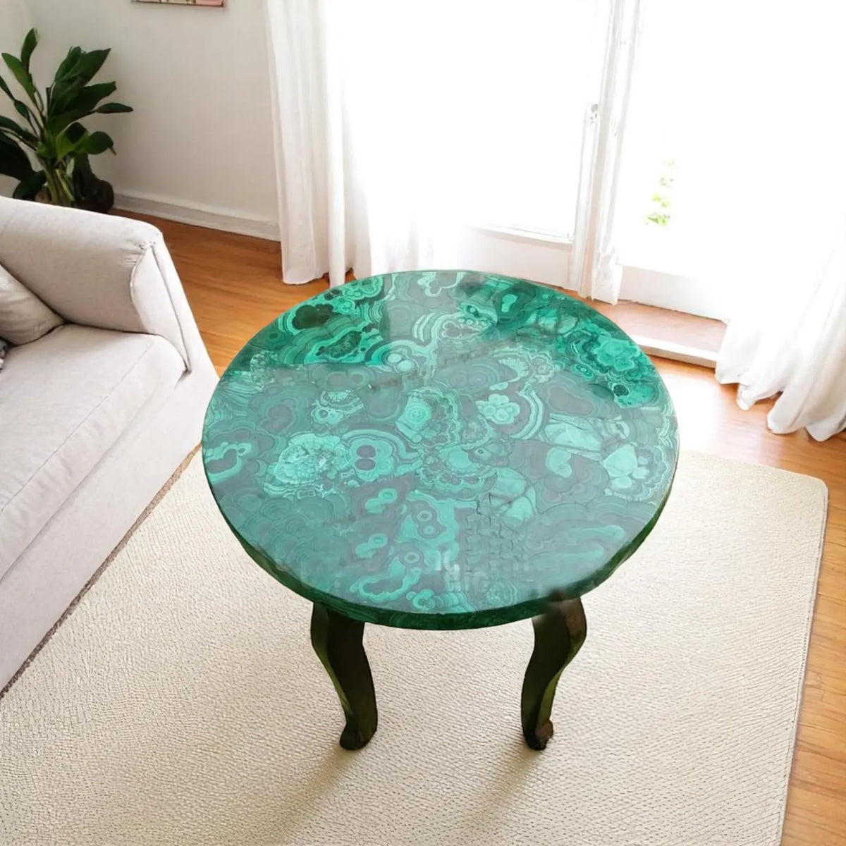 Elegant Malachite Accent Table – Handcrafted Round Green Gemstone Side Table