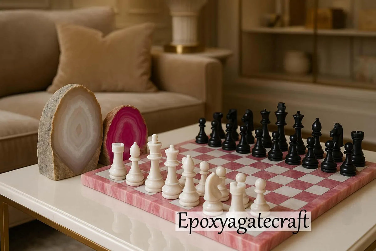 Pink Quartz Agate Stone Chessboard with Marble Chess Pieces For Christmas Gifts