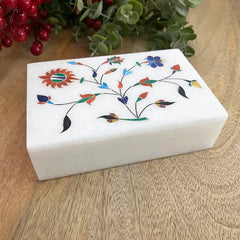 Handcrafted White Marble Box with Intricate Gemstone Floral Inlay – USA Seller