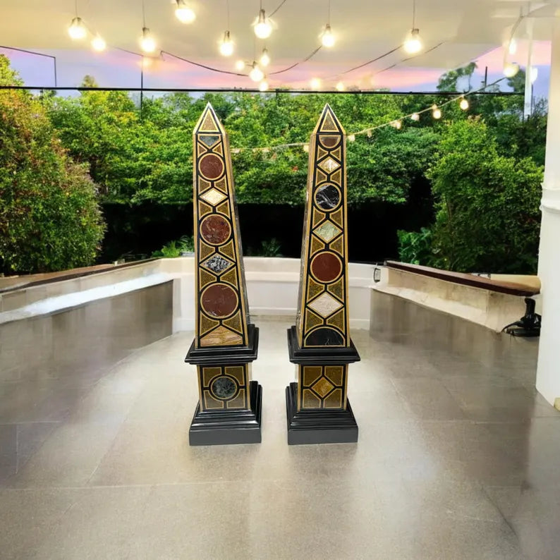 Pair of Grand Inlaid Obelisks in Black Marble with Geometric Gemstone Motifs – Luxury Garden or Interior Accent Sculptures