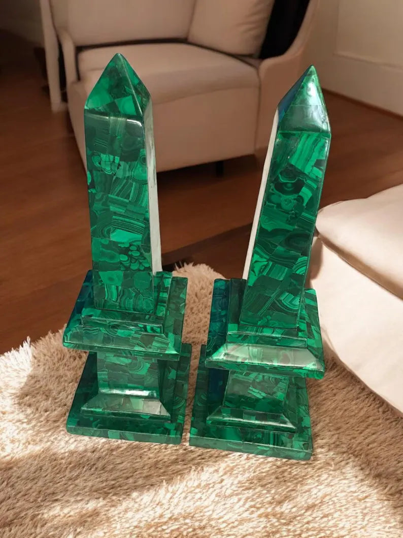 Malachite Obelisk Tower Handcrafted Decorative Green Stone Sculpture for Luxury Interiors & Spiritual Harmony