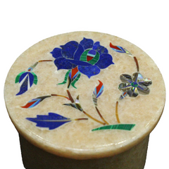 Natural Beige Pink Marble Trinket Box with Marquetry Art Inlay – Handmade in USA