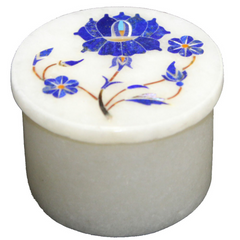 White Marble Round Trinket Box with Lapis Lazuli Gemstone Floral Inlay Design