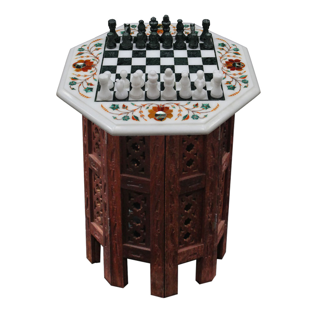 Handcrafted Oct-Angle White Marble Inlay Chess Board With Wooden Base Stand