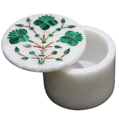 Handmade Malachite Floral Design Inlay White Marble Ring Box