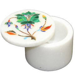 Round White Marble Trinket Box with Floral Inlay Design