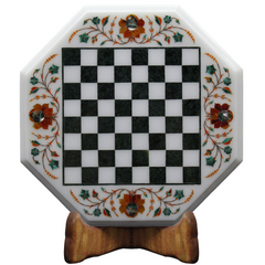 Handcrafted Oct-Angle White Marble Inlay Chess Board With Wooden Base Stand