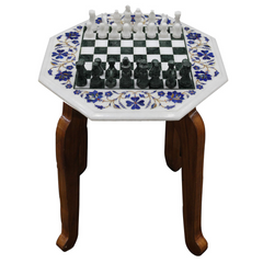 Handmade Marble Inlay Chess Board Game Set With Floral Art