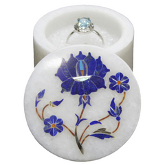 White Marble Round Trinket Box with Lapis Lazuli Gemstone Floral Inlay Design