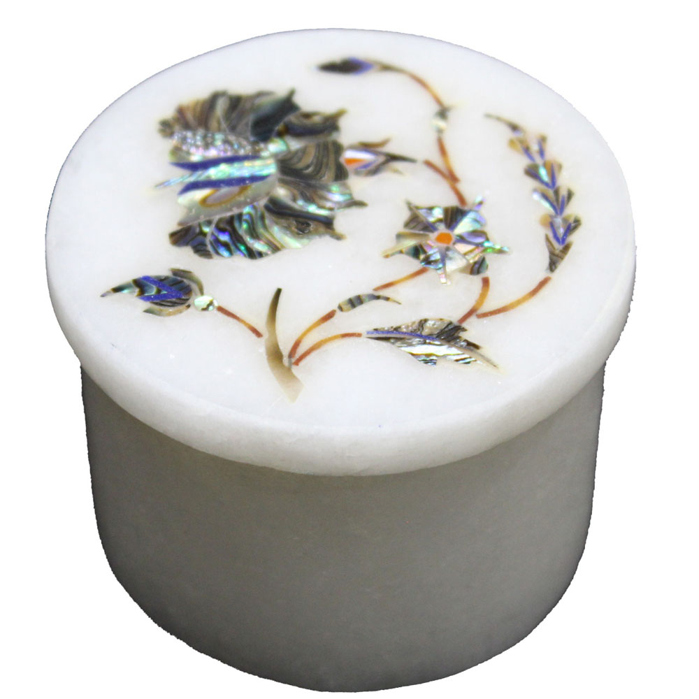 "Beautiful Natural Marble Inlay White Ring Box Inlaid with Paua Shell USA Seller