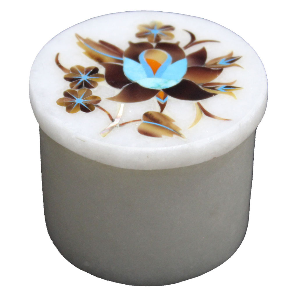 Handmade White Marble Ring Box with Floral Gemstone Pietra Dura Inlay Sell in Usa