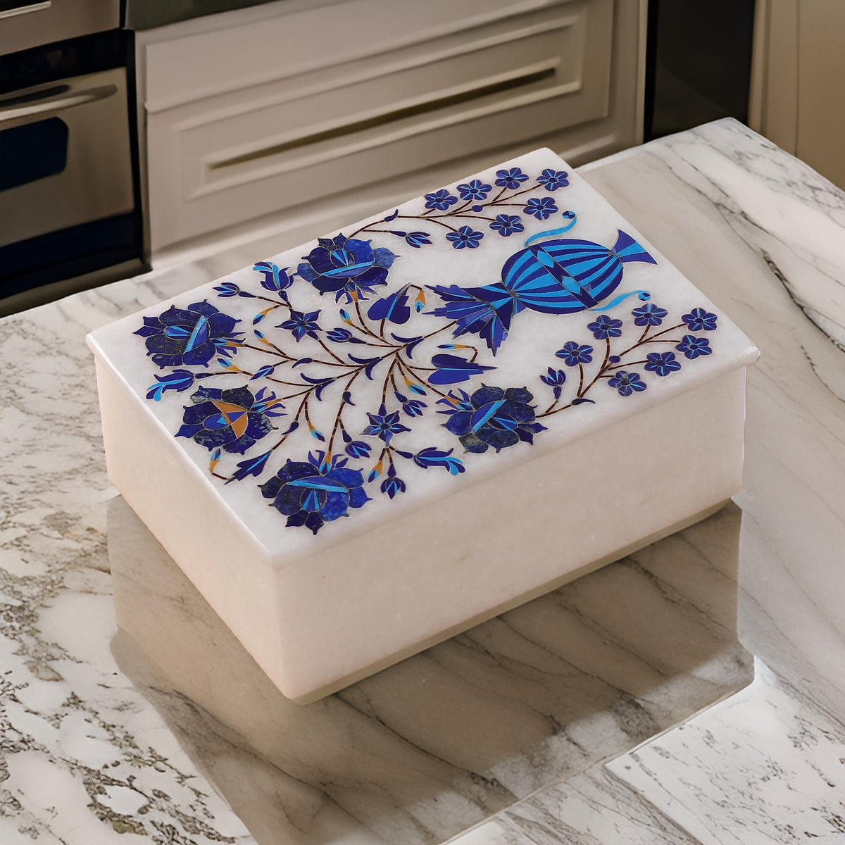 Luxury Blue Lapis Inlay Marble Jewelry Box – Handcrafted Decorative Storage