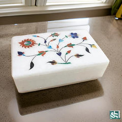 Handcrafted White Marble Inlay Jewelry Box – Floral Design | USA Sale