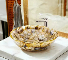 Elegant Yellow Banded Agate Vessel Sink – Natural Stone Bathroom Basin with Golden Hues