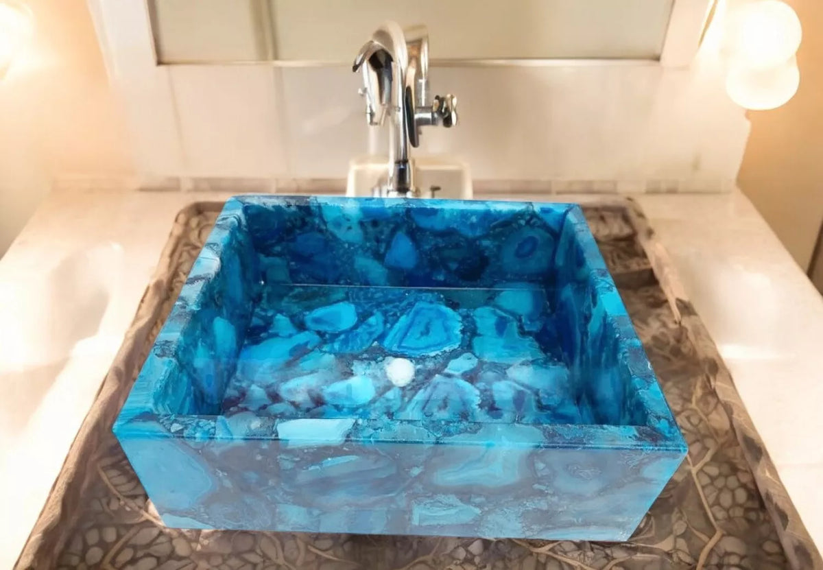 Luxury Handmade Blue Agate Stone Square Vessel Sink – Unique Bathroom Countertop Basin