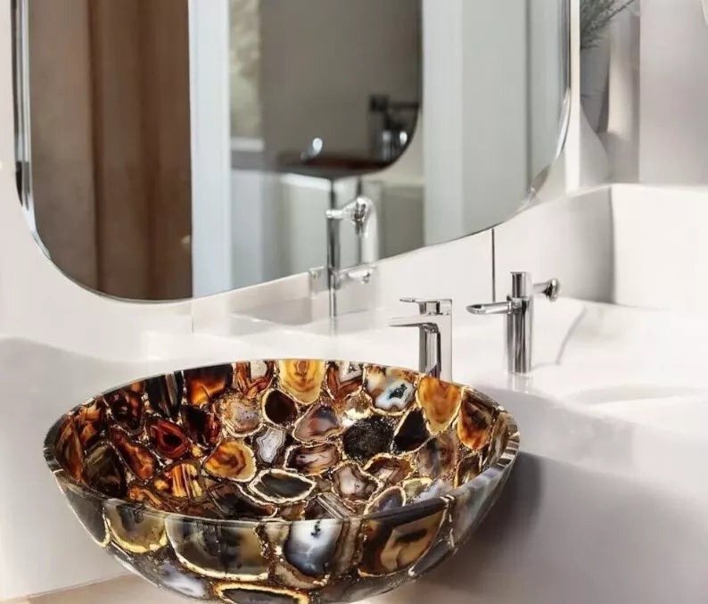 Luxurious Brown Agate Stone Vessel Sink – Handcrafted Gemstone Basin for Modern Bathrooms